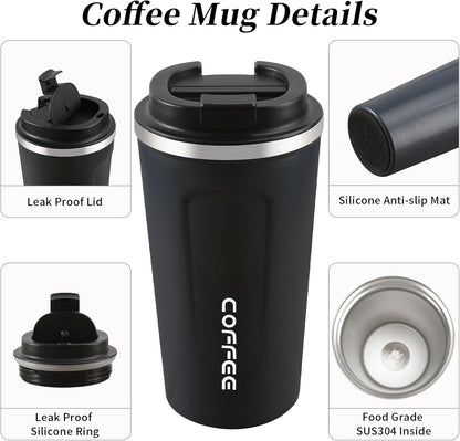 17oz Coffee Mug, Leak Proof Coffee Travel Mug with Lid, Car Coffee Mug, Stainless Steel Mug Keeps Cold and Hot, Suitable for Travel and Office - Black