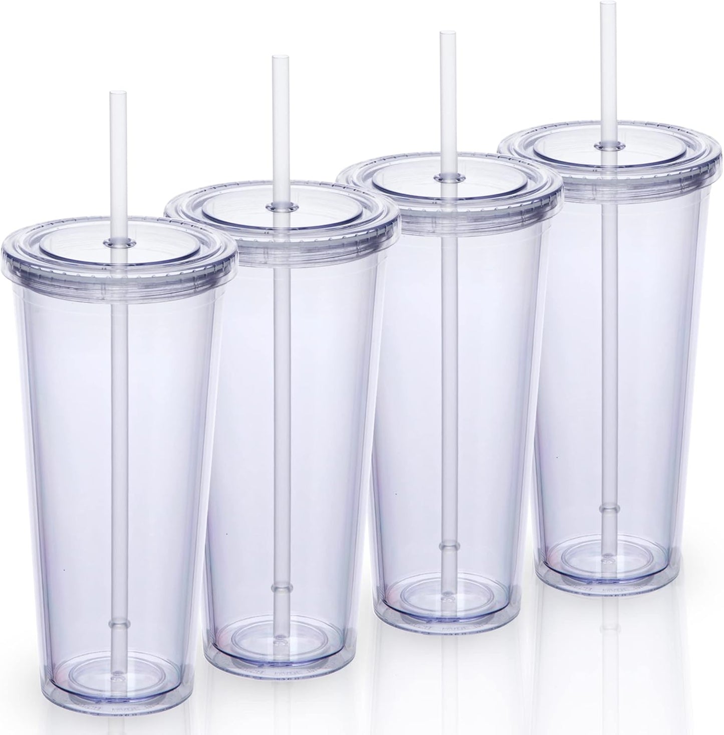 24oz Double Wall Plastic Tumblers with Lids and Straws | Large Classic Travel Tumbler | 6 Pack Set of 6 | Clear Reusable Cups with Straws | BPA Free