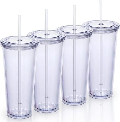 24oz Double Wall Plastic Tumblers with Lids and Straws | Large Classic Travel Tumbler | 6 Pack Set of 6 | Clear Reusable Cups with Straws | BPA Free