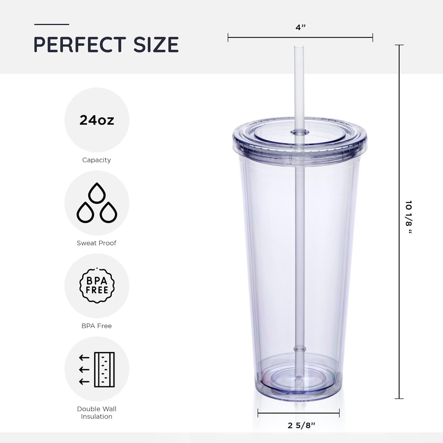 24oz Double Wall Plastic Tumblers with Lids and Straws | Large Classic Travel Tumbler | 6 Pack Set of 6 | Clear Reusable Cups with Straws | BPA Free