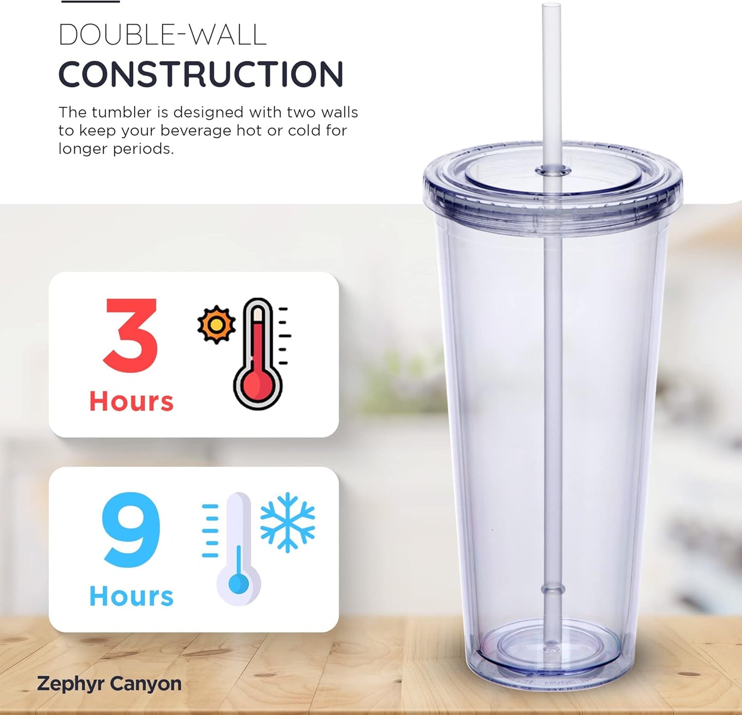 24oz Double Wall Plastic Tumblers with Lids and Straws | Large Classic Travel Tumbler | 6 Pack Set of 6 | Clear Reusable Cups with Straws | BPA Free