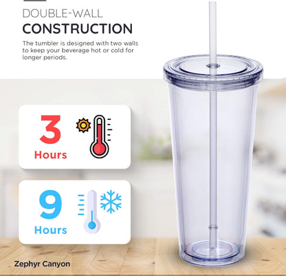 24oz Double Wall Plastic Tumblers with Lids and Straws | Large Classic Travel Tumbler | 6 Pack Set of 6 | Clear Reusable Cups with Straws | BPA Free