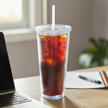 24oz Double Wall Plastic Tumblers with Lids and Straws | Large Classic Travel Tumbler | 6 Pack Set of 6 | Clear Reusable Cups with Straws | BPA Free
