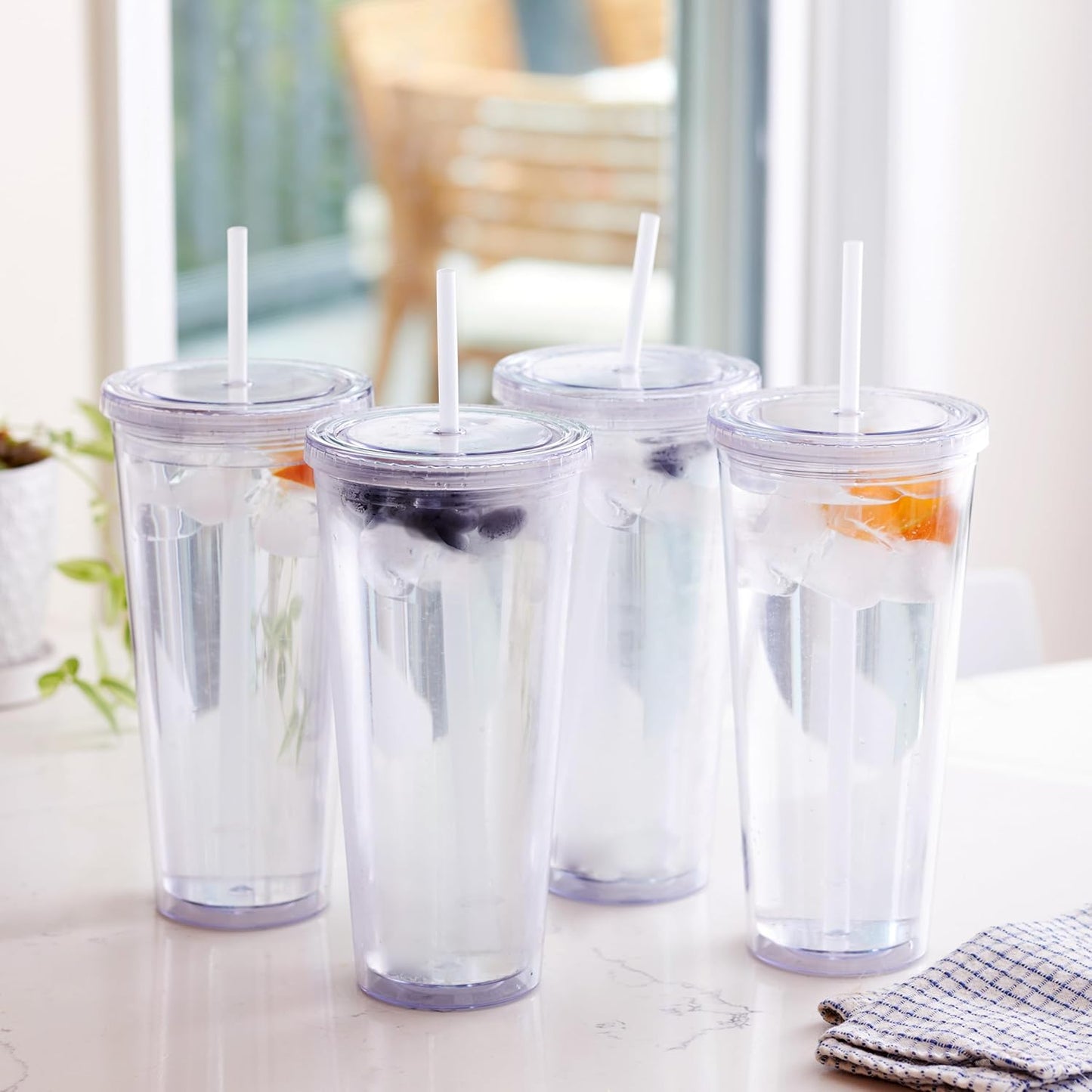24oz Double Wall Plastic Tumblers with Lids and Straws | Large Classic Travel Tumbler | 6 Pack Set of 6 | Clear Reusable Cups with Straws | BPA Free