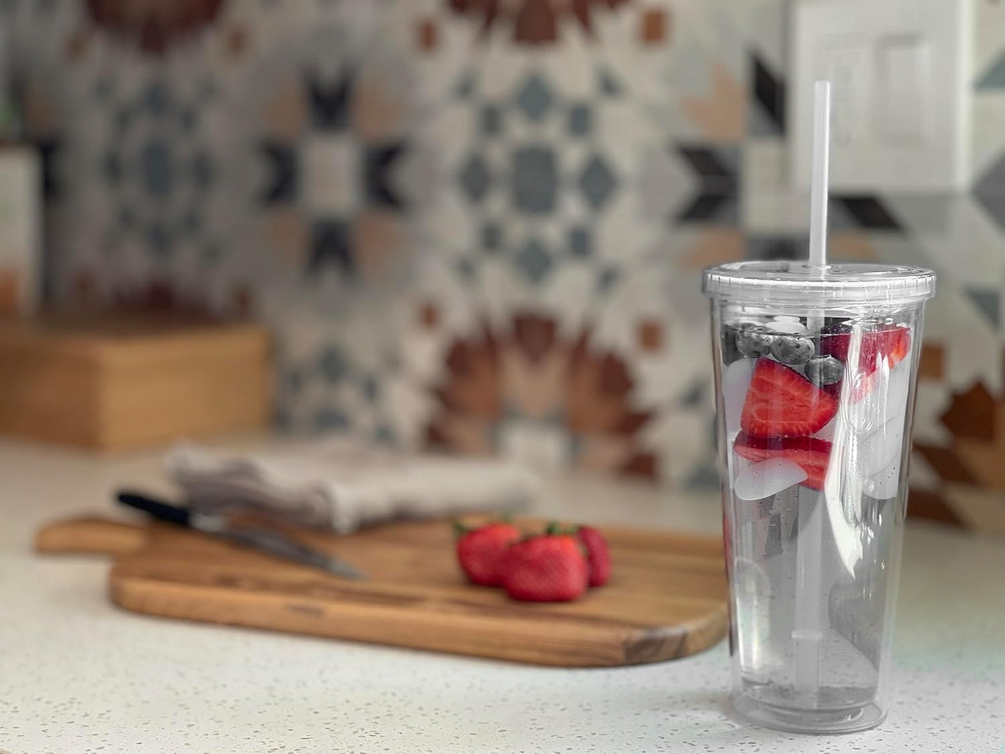 24oz Double Wall Plastic Tumblers with Lids and Straws | Large Classic Travel Tumbler | 6 Pack Set of 6 | Clear Reusable Cups with Straws | BPA Free