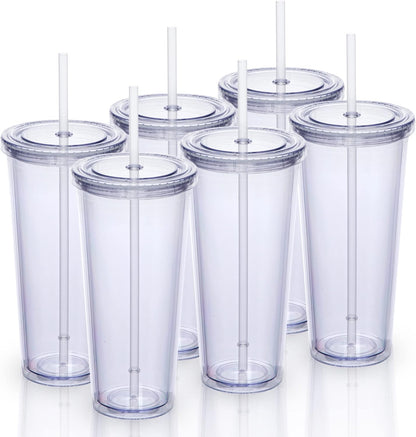 24oz Double Wall Plastic Tumblers with Lids and Straws | Large Classic Travel Tumbler | 6 Pack Set of 6 | Clear Reusable Cups with Straws | BPA Free