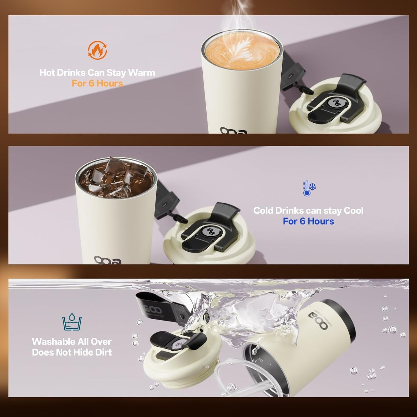 Insulated Travel Coffee Mug，Flat-White 6H Insulation Coffee Cup with Lid and Straw，13Oz Stainless Steel Leakproof & Spill-Proof Tumbler for Hot and Cold Water