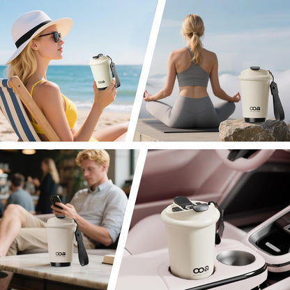 Insulated Travel Coffee Mug，Flat-White 6H Insulation Coffee Cup with Lid and Straw，13Oz Stainless Steel Leakproof & Spill-Proof Tumbler for Hot and Cold Water