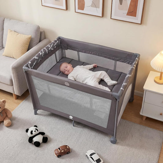 Pack and Play Baby Bassinet, Portable Baby Crib with Wheels, Grey