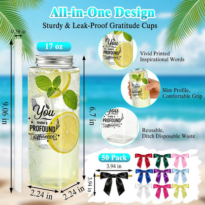 50 Pcs Employee Appreciation Tumblers 17 oz Inspirational Thank You Acrylic Skinny Cups with Lids Straws & Satin Bows for Staff Coworker Teacher Nurse Office