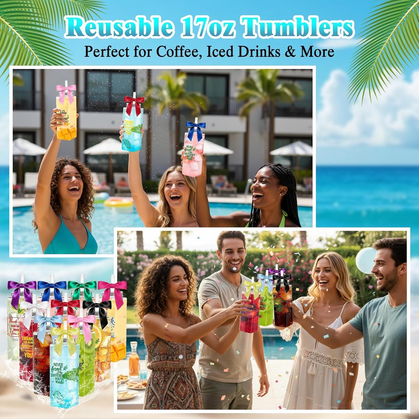 50 Pcs Employee Appreciation Tumblers 17 oz Inspirational Thank You Acrylic Skinny Cups with Lids Straws & Satin Bows for Staff Coworker Teacher Nurse Office