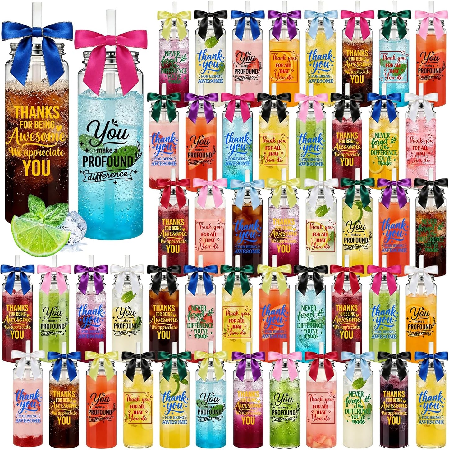50 Pcs Employee Appreciation Tumblers 17 oz Inspirational Thank You Acrylic Skinny Cups with Lids Straws & Satin Bows for Staff Coworker Teacher Nurse Office