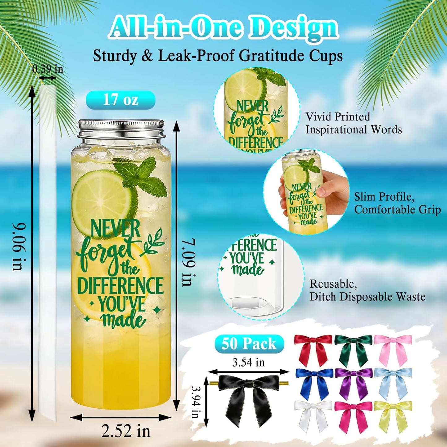 50 Pcs Employee Appreciation Tumblers 17 oz Inspirational Thank You Acrylic Skinny Cups with Lids Straws & Satin Bows for Staff Coworker Teacher Nurse Office
