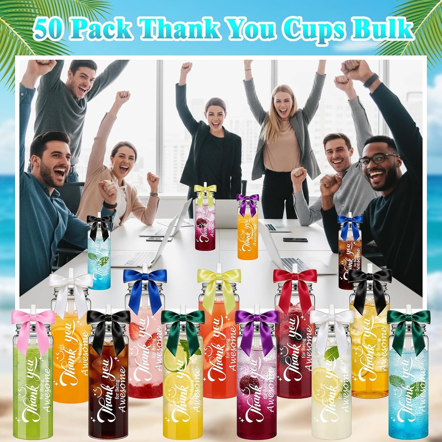 50 Pcs Employee Appreciation Tumblers 17 oz Inspirational Thank You Acrylic Skinny Cups with Lids Straws & Satin Bows for Staff Coworker Teacher Nurse Office
