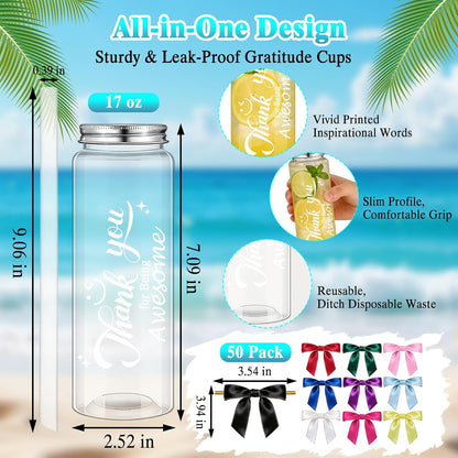 50 Pcs Employee Appreciation Tumblers 17 oz Inspirational Thank You Acrylic Skinny Cups with Lids Straws & Satin Bows for Staff Coworker Teacher Nurse Office