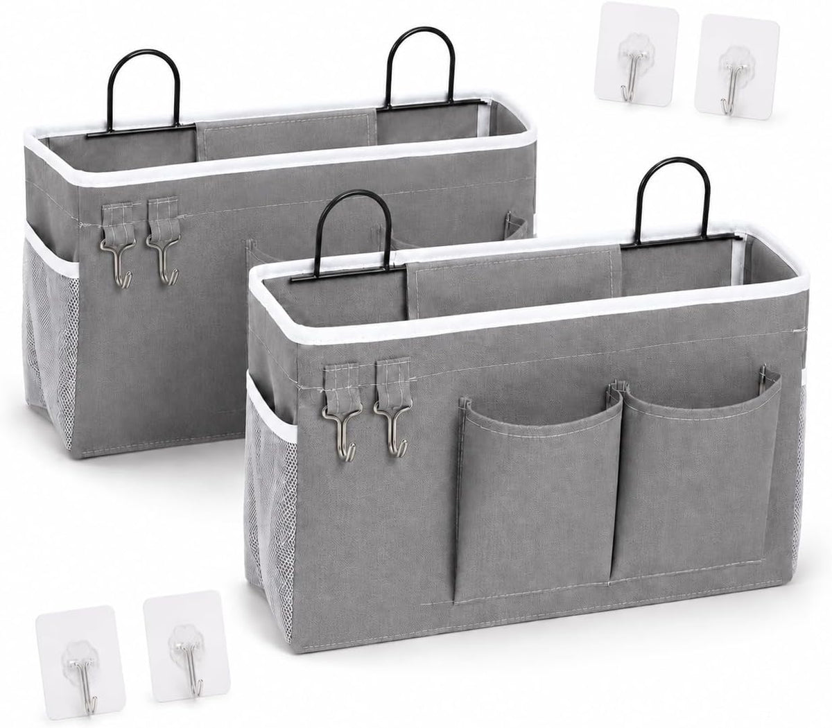 2-Pack Wall Hanging Organizer Bags with Metal Frame, Polyester Storage Baskets with Pockets & Adhesive Hooks for Bedroom, Office, Apartment, Rental Home, RV Camper, Gray