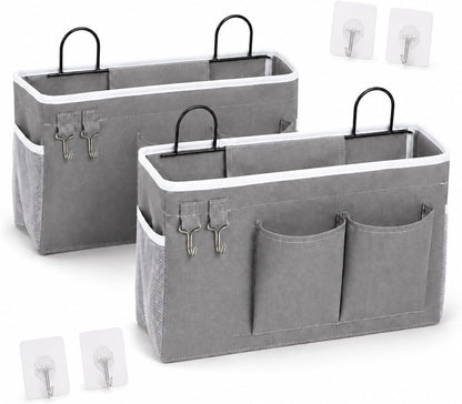 2-Pack Wall Hanging Organizer Bags with Metal Frame, Polyester Storage Baskets with Pockets & Adhesive Hooks for Bedroom, Office, Apartment, Rental Home, RV Camper, Gray
