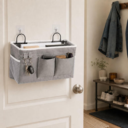 2-Pack Wall Hanging Organizer Bags with Metal Frame, Polyester Storage Baskets with Pockets & Adhesive Hooks for Bedroom, Office, Apartment, Rental Home, RV Camper, Gray