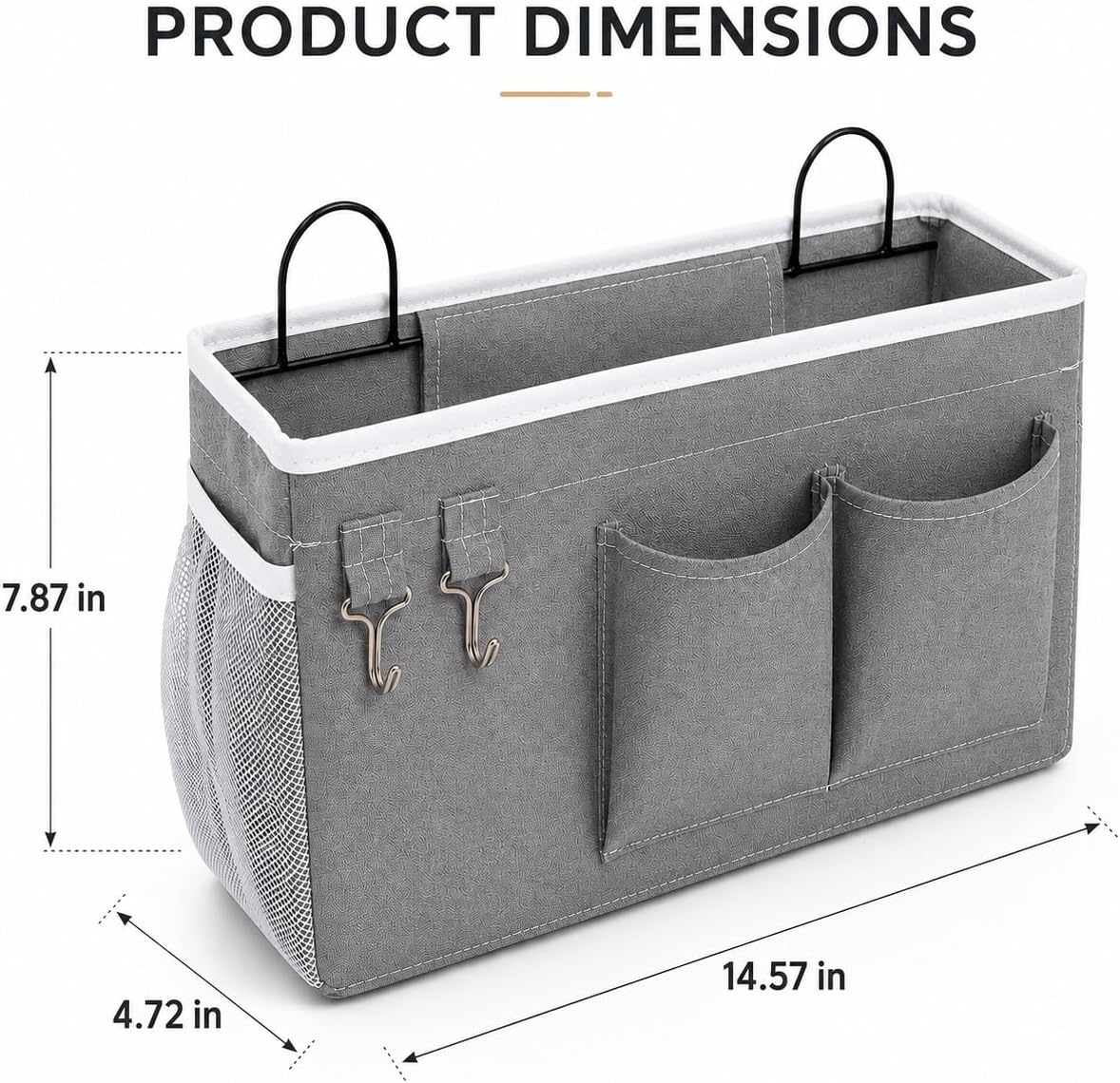 2-Pack Wall Hanging Organizer Bags with Metal Frame, Polyester Storage Baskets with Pockets & Adhesive Hooks for Bedroom, Office, Apartment, Rental Home, RV Camper, Gray