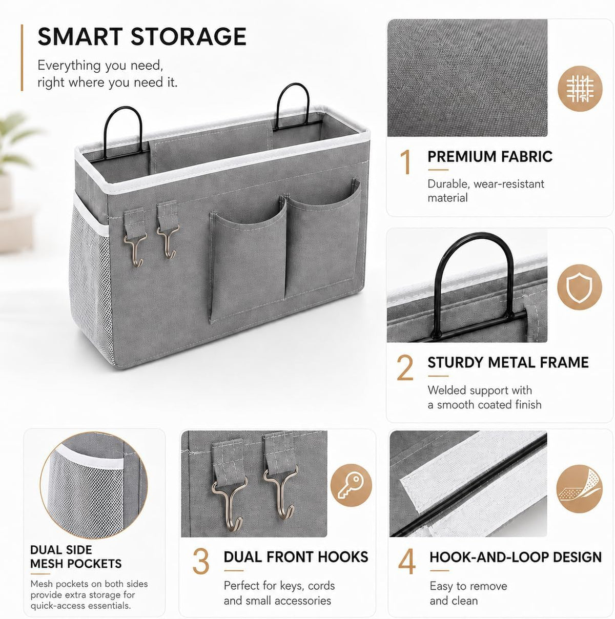 2-Pack Wall Hanging Organizer Bags with Metal Frame, Polyester Storage Baskets with Pockets & Adhesive Hooks for Bedroom, Office, Apartment, Rental Home, RV Camper, Gray