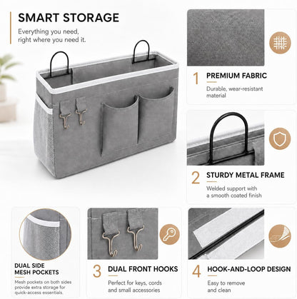 2-Pack Wall Hanging Organizer Bags with Metal Frame, Polyester Storage Baskets with Pockets & Adhesive Hooks for Bedroom, Office, Apartment, Rental Home, RV Camper, Gray