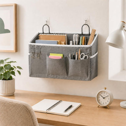 2-Pack Wall Hanging Organizer Bags with Metal Frame, Polyester Storage Baskets with Pockets & Adhesive Hooks for Bedroom, Office, Apartment, Rental Home, RV Camper, Gray