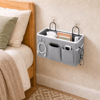 2-Pack Wall Hanging Organizer Bags with Metal Frame, Polyester Storage Baskets with Pockets & Adhesive Hooks for Bedroom, Office, Apartment, Rental Home, RV Camper, Gray