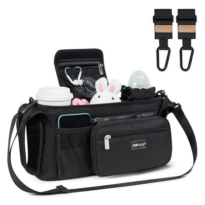 Universal Baby Stroller Organizer, Stroller Caddy with Detachable Mesh Bag & Heightened Insulated Cup Holders & Non-Slip Secure Hooks Accessories, Fits Most Strollers (Black) - Colors A