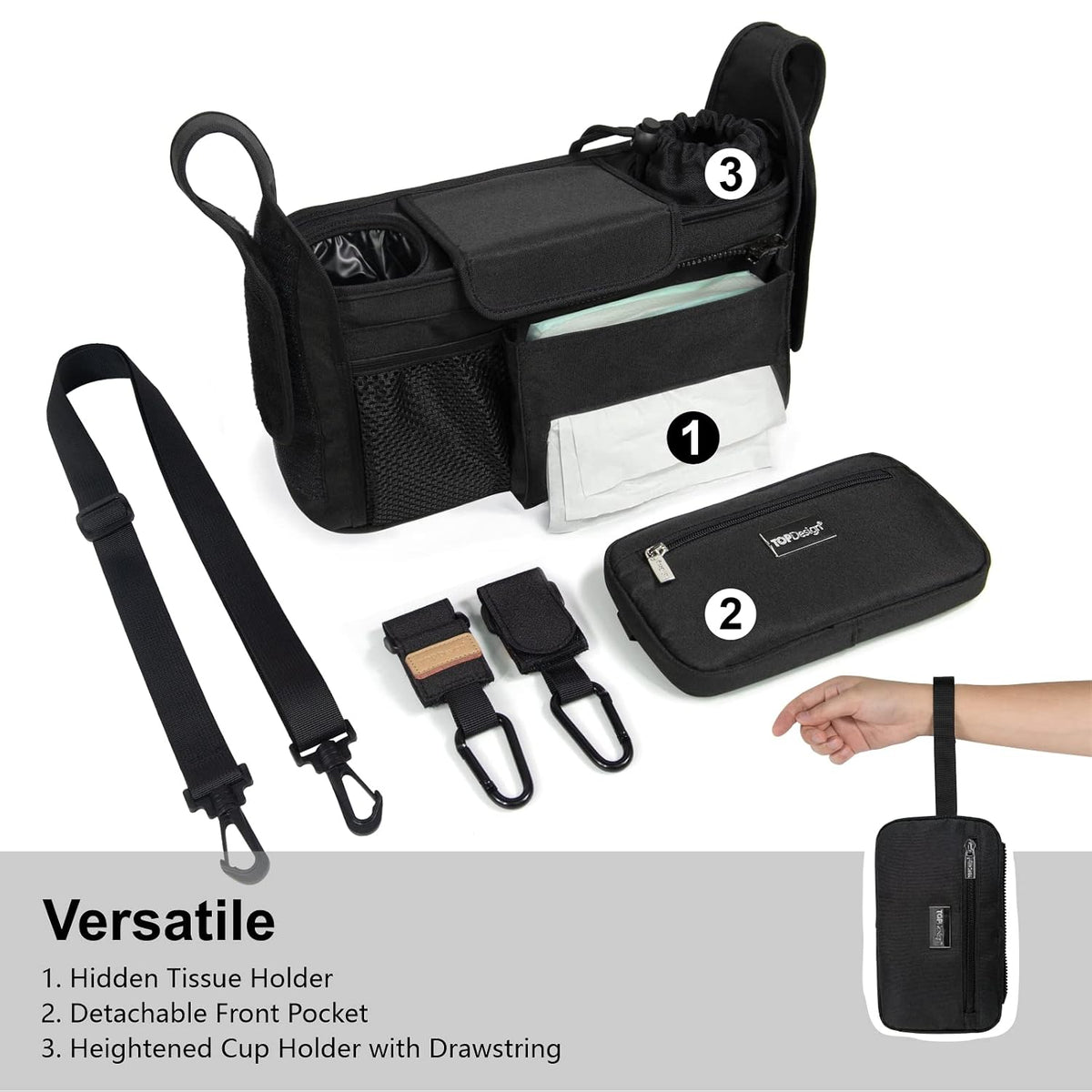 Universal Baby Stroller Organizer, Stroller Caddy with Detachable Mesh Bag & Heightened Insulated Cup Holders & Non-Slip Secure Hooks Accessories, Fits Most Strollers (Black) - Colors A