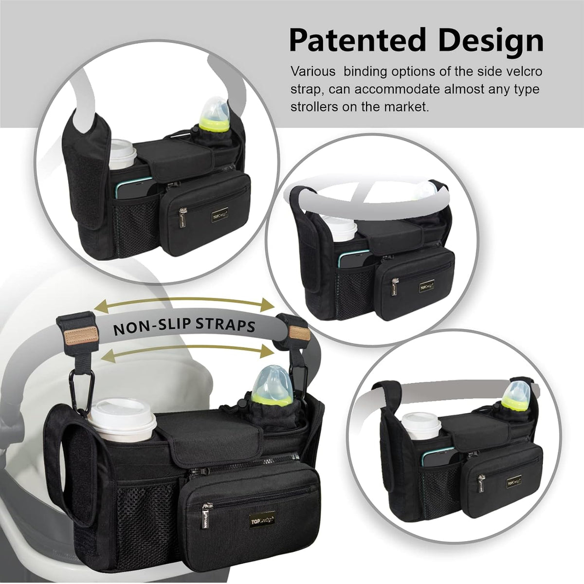 Universal Baby Stroller Organizer, Stroller Caddy with Detachable Mesh Bag & Heightened Insulated Cup Holders & Non-Slip Secure Hooks Accessories, Fits Most Strollers (Black) - Colors A