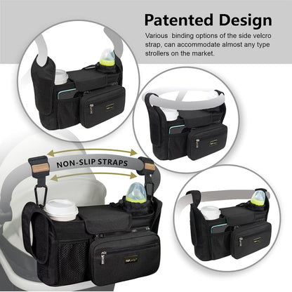 Universal Baby Stroller Organizer, Stroller Caddy with Detachable Mesh Bag & Heightened Insulated Cup Holders & Non-Slip Secure Hooks Accessories, Fits Most Strollers (Black) - Colors A