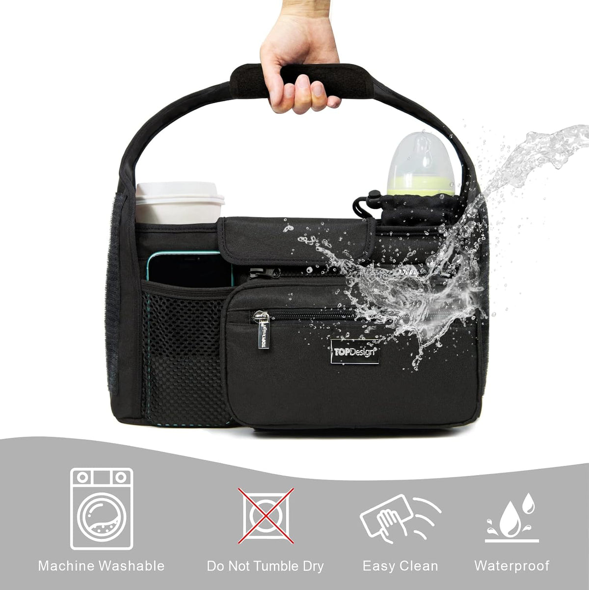 Universal Baby Stroller Organizer, Stroller Caddy with Detachable Mesh Bag & Heightened Insulated Cup Holders & Non-Slip Secure Hooks Accessories, Fits Most Strollers (Black) - Colors A