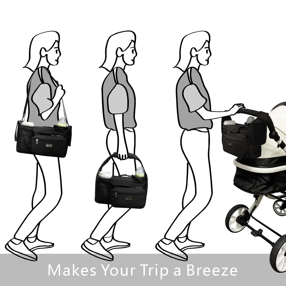 Universal Baby Stroller Organizer, Stroller Caddy with Detachable Mesh Bag & Heightened Insulated Cup Holders & Non-Slip Secure Hooks Accessories, Fits Most Strollers (Black) - Colors A