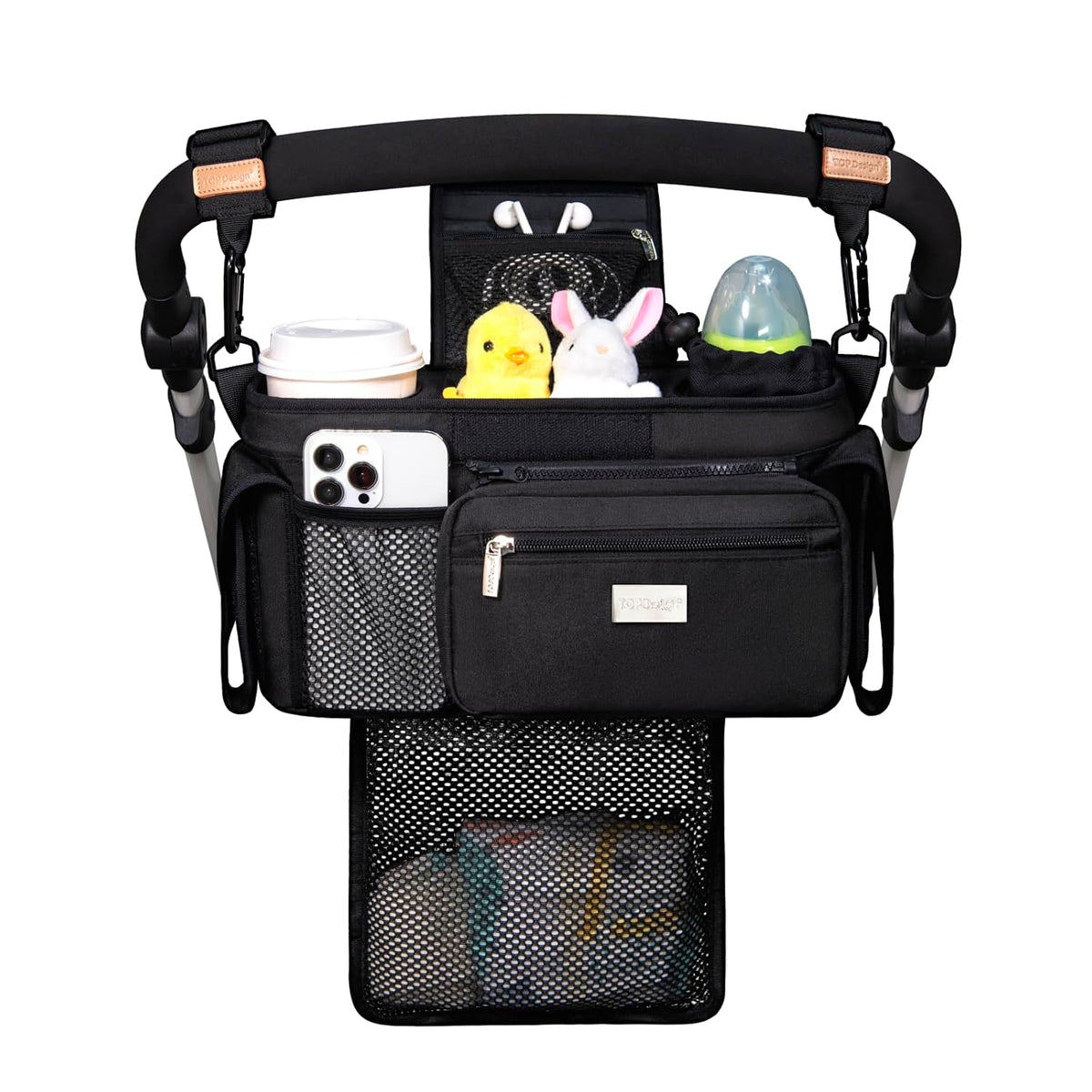 Universal Baby Stroller Organizer, Stroller Caddy with Detachable Mesh Bag & Heightened Insulated Cup Holders & Non-Slip Secure Hooks Accessories, Fits Most Strollers (Black) - Colors A
