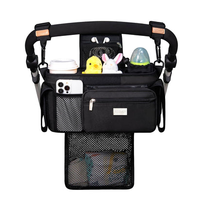 Universal Baby Stroller Organizer, Stroller Caddy with Detachable Mesh Bag & Heightened Insulated Cup Holders & Non-Slip Secure Hooks Accessories, Fits Most Strollers (Black) - Colors A
