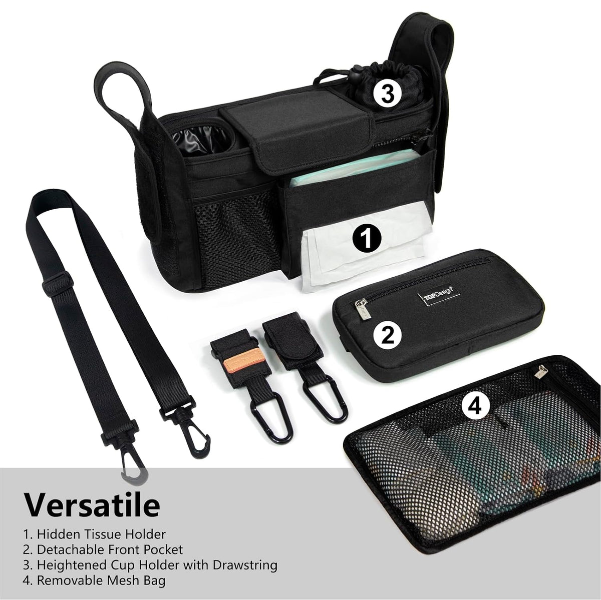 Universal Baby Stroller Organizer, Stroller Caddy with Detachable Mesh Bag & Heightened Insulated Cup Holders & Non-Slip Secure Hooks Accessories, Fits Most Strollers (Black) - Colors A