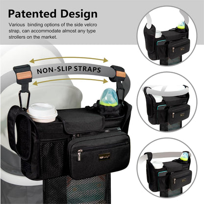 Universal Baby Stroller Organizer, Stroller Caddy with Detachable Mesh Bag & Heightened Insulated Cup Holders & Non-Slip Secure Hooks Accessories, Fits Most Strollers (Black) - Colors A