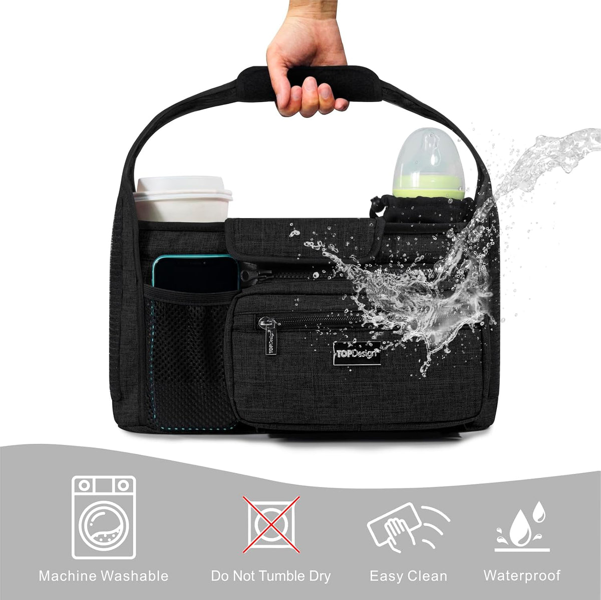 Universal Baby Stroller Organizer, Stroller Caddy with Detachable Mesh Bag & Heightened Insulated Cup Holders & Non-Slip Secure Hooks Accessories, Fits Most Strollers (Black) - Colors A