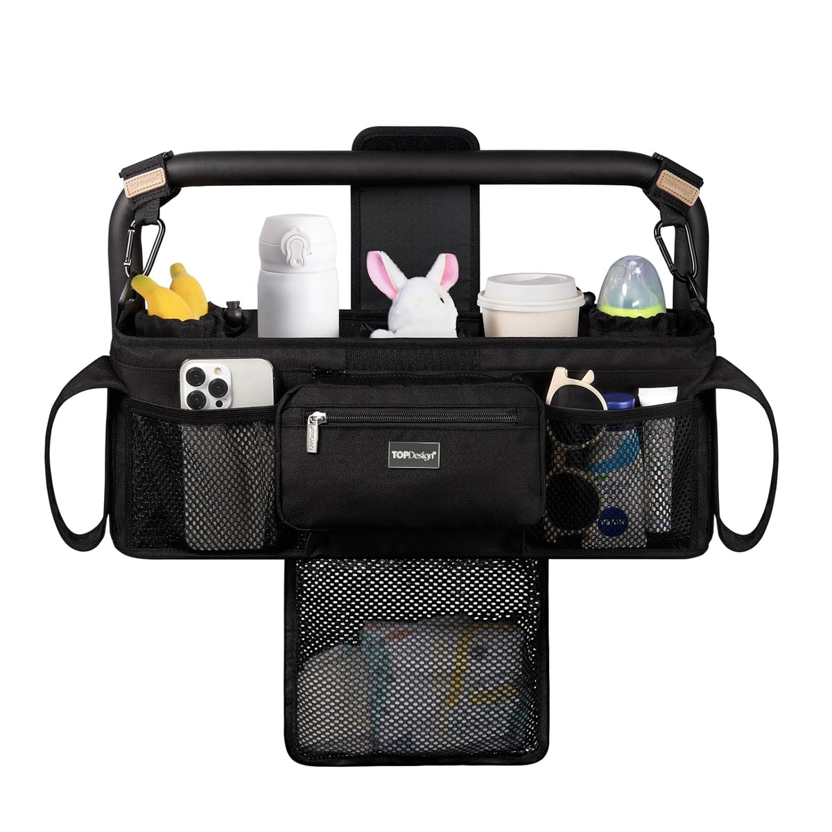 Universal Baby Stroller Organizer, Stroller Caddy with Detachable Mesh Bag & Heightened Insulated Cup Holders & Non-Slip Secure Hooks Accessories, Fits Most Strollers (Black) - Colors A