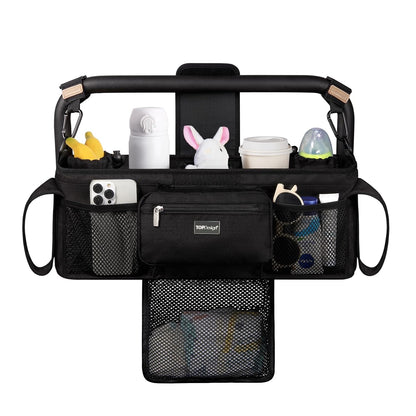 Universal Baby Stroller Organizer, Stroller Caddy with Detachable Mesh Bag & Heightened Insulated Cup Holders & Non-Slip Secure Hooks Accessories, Fits Most Strollers (Black) - Colors A