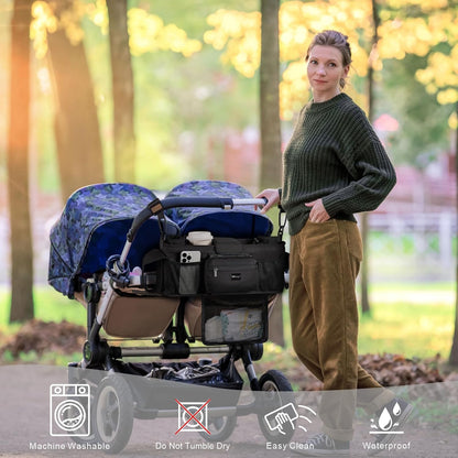 Universal Baby Stroller Organizer, Stroller Caddy with Detachable Mesh Bag & Heightened Insulated Cup Holders & Non-Slip Secure Hooks Accessories, Fits Most Strollers (Black) - Colors A