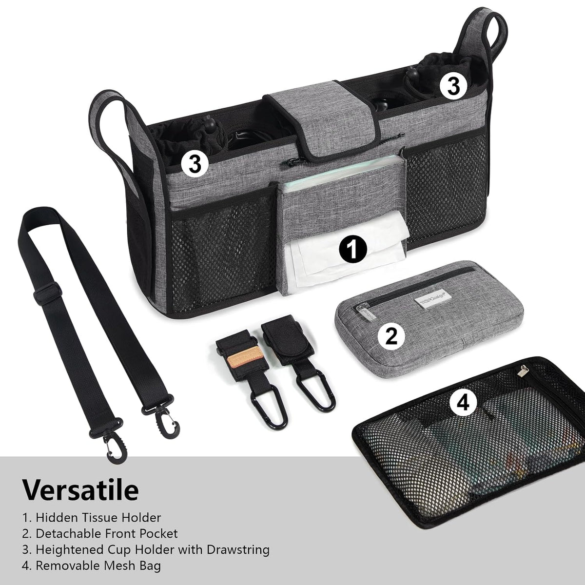 Universal Baby Stroller Organizer, Stroller Caddy with Detachable Mesh Bag & Heightened Insulated Cup Holders & Non-Slip Secure Hooks Accessories, Fits Most Strollers (Black) - Colors A