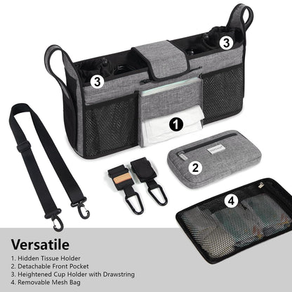 Universal Baby Stroller Organizer, Stroller Caddy with Detachable Mesh Bag & Heightened Insulated Cup Holders & Non-Slip Secure Hooks Accessories, Fits Most Strollers (Black) - Colors A