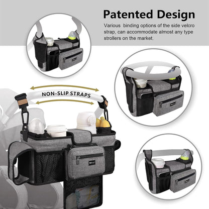Universal Baby Stroller Organizer, Stroller Caddy with Detachable Mesh Bag & Heightened Insulated Cup Holders & Non-Slip Secure Hooks Accessories, Fits Most Strollers (Black) - Colors A