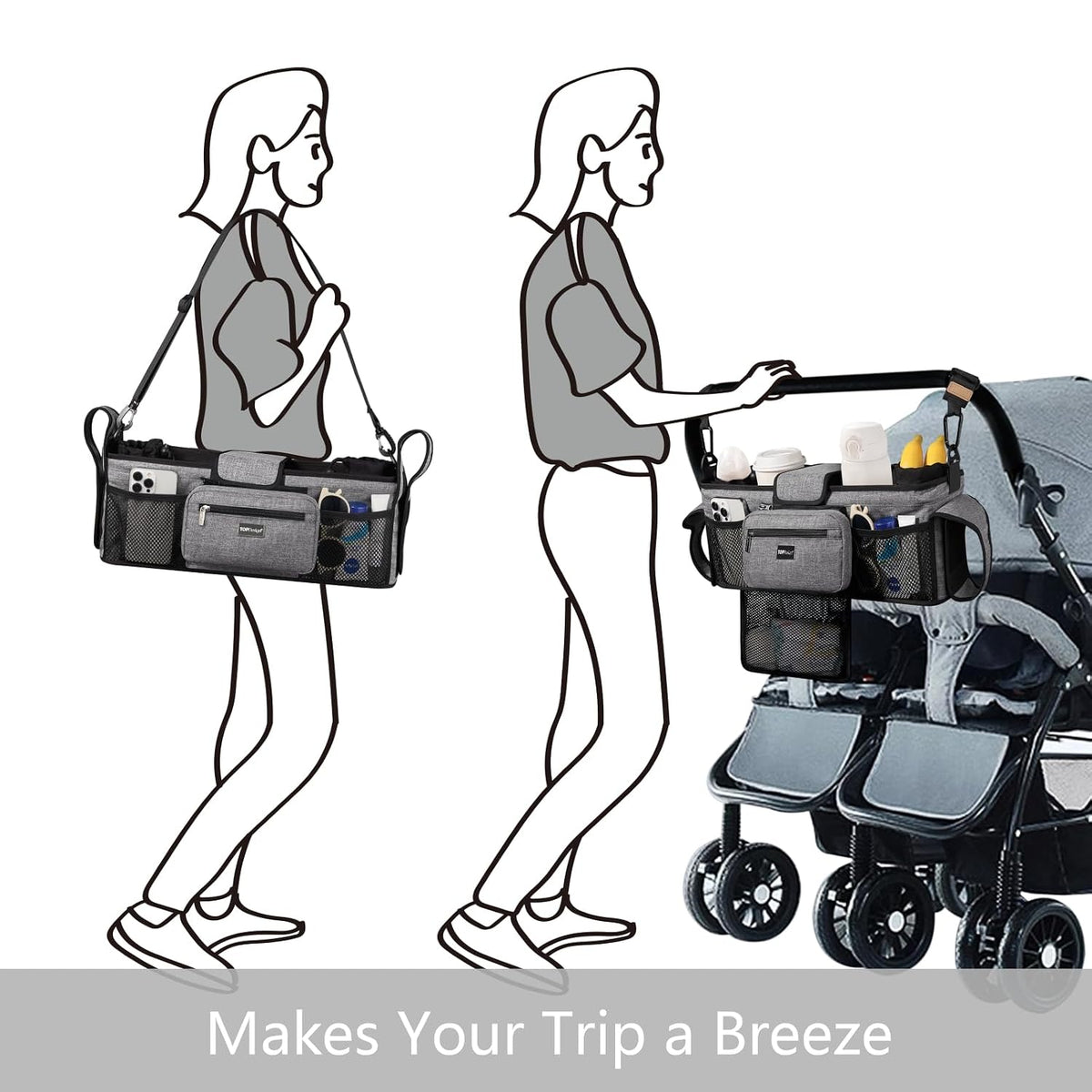Universal Baby Stroller Organizer, Stroller Caddy with Detachable Mesh Bag & Heightened Insulated Cup Holders & Non-Slip Secure Hooks Accessories, Fits Most Strollers (Black) - Colors A