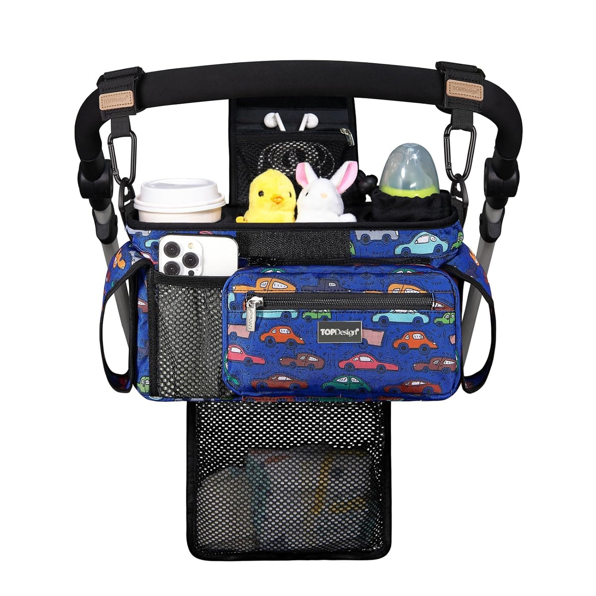 Universal Baby Stroller Organizer, Stroller Caddy with Detachable Mesh Bag & Heightened Insulated Cup Holders & Non-Slip Secure Hooks Accessories, Fits Most Strollers (Black) - Colors A