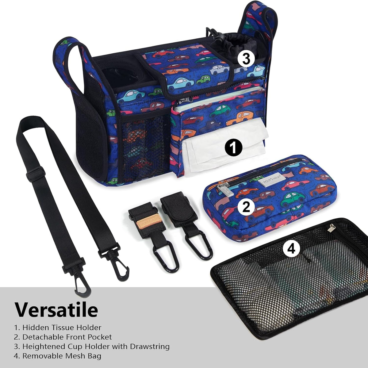 Universal Baby Stroller Organizer, Stroller Caddy with Detachable Mesh Bag & Heightened Insulated Cup Holders & Non-Slip Secure Hooks Accessories, Fits Most Strollers (Black) - Colors A