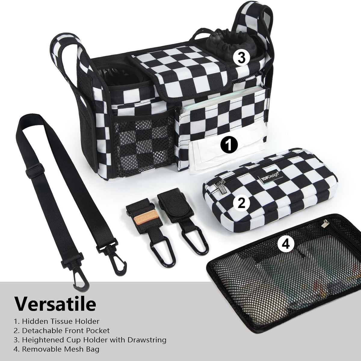 Universal Baby Stroller Organizer, Stroller Caddy with Detachable Mesh Bag & Heightened Insulated Cup Holders & Non-Slip Secure Hooks Accessories, Fits Most Strollers (Black) - Colors A