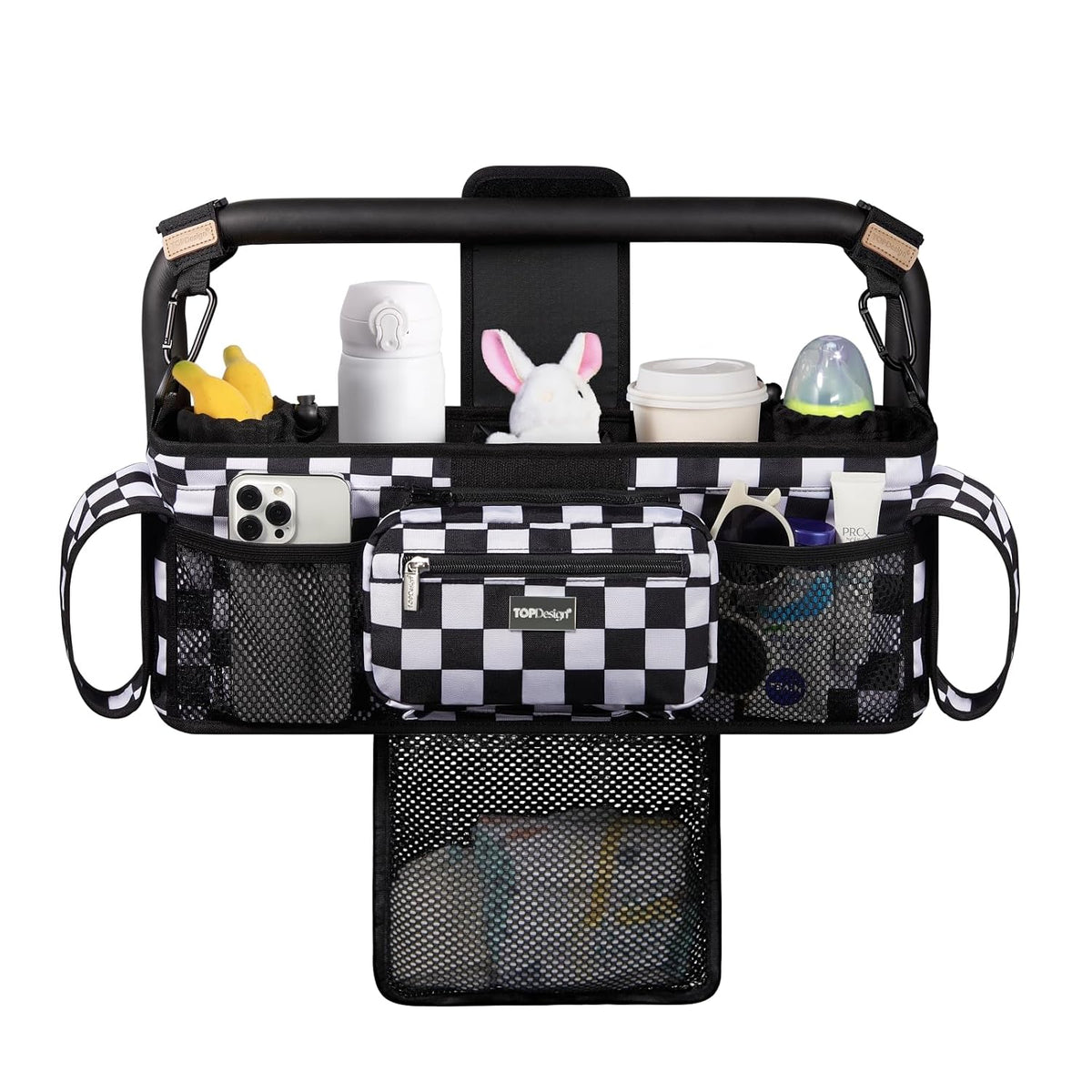 Universal Baby Stroller Organizer, Stroller Caddy with Detachable Mesh Bag & Heightened Insulated Cup Holders & Non-Slip Secure Hooks Accessories, Fits Most Strollers (Black) - Colors A