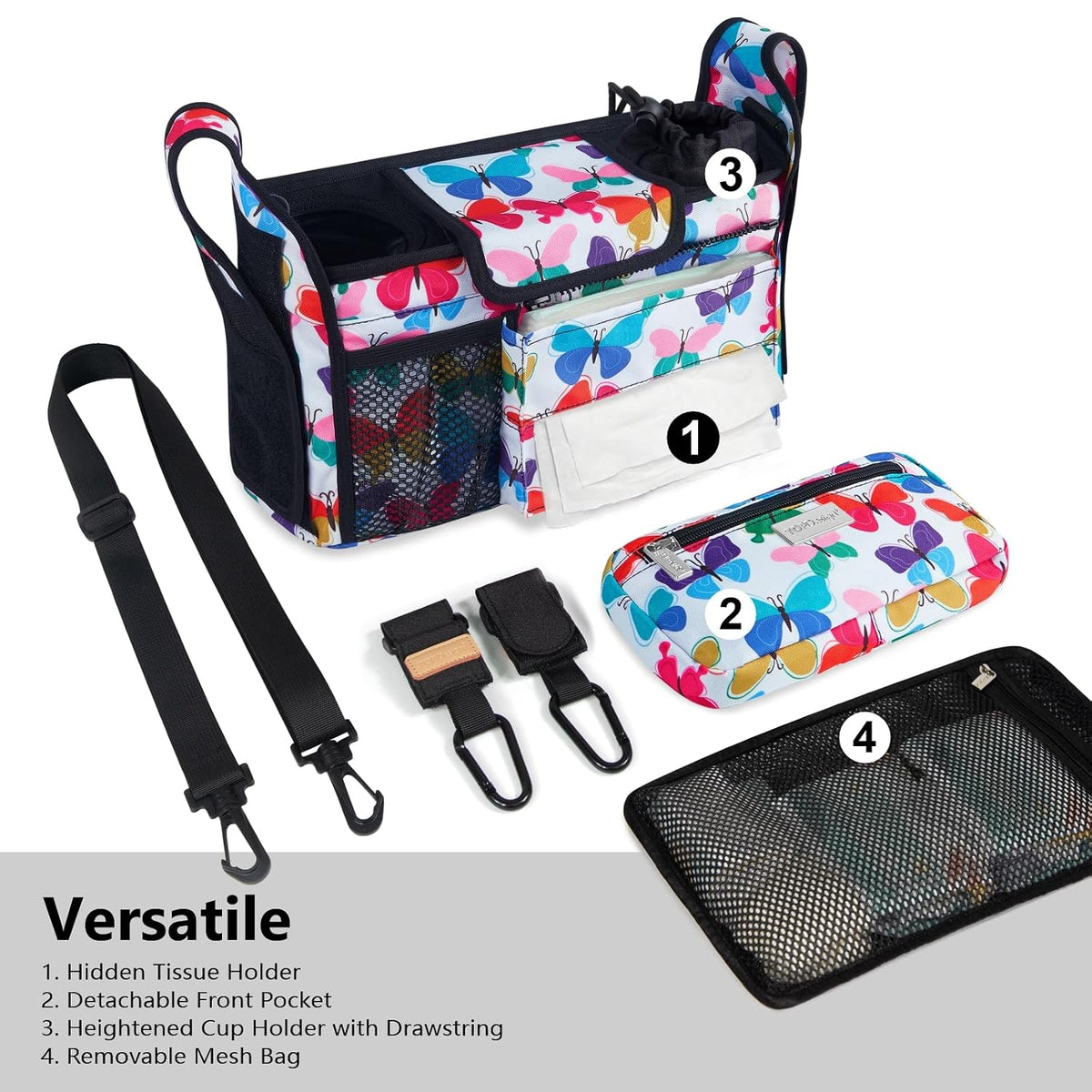 Universal Baby Stroller Organizer, Stroller Caddy with Detachable Mesh Bag & Heightened Insulated Cup Holders & Non-Slip Secure Hooks Accessories, Fits Most Strollers (Black) - Colors A